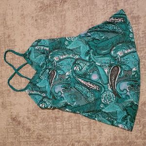 Talbots Swim Dress. Teal, White, Silver. Braided Straps Sz 12